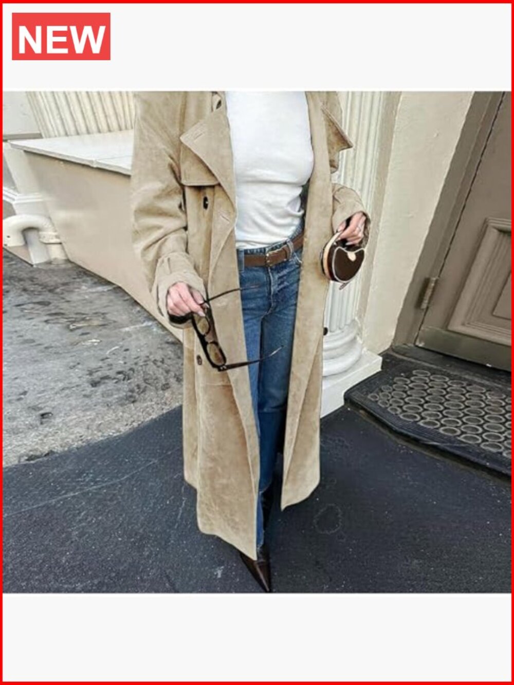 Faux Suede Long Trench Coat Notched Lapel Double Breasted Pea Coat Overcoat - Picture 2 of 7